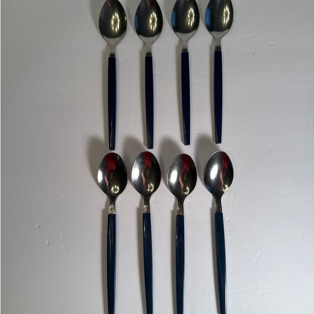 Set of 8 VTG MCM Stainless China Blue Plastic Handle Spoons Flatware Silverware